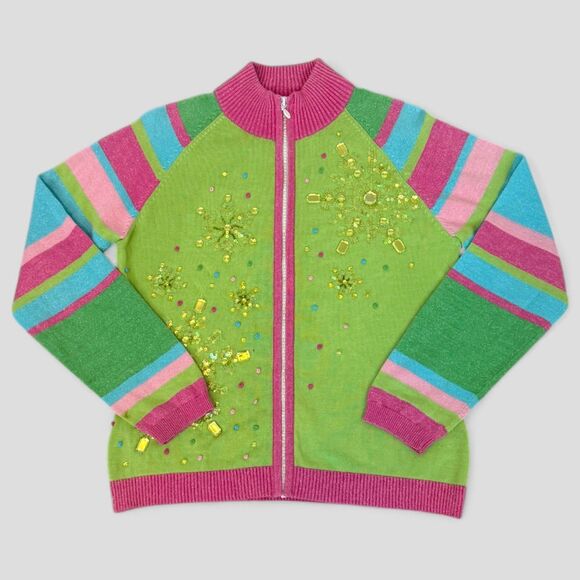 Vintage Berek Neon Cardigan 90s Embellished Full Zip Christmas Snowflakes Sz Med - Picture 1 of 7